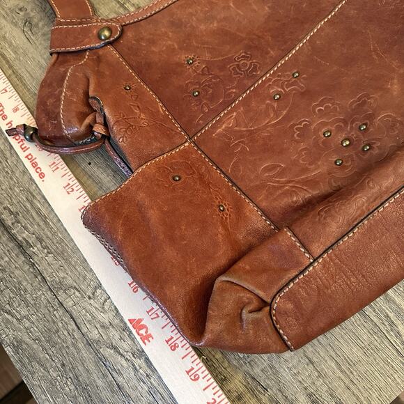 Fossil Leather Tote Bag Floral Embossed Brown Shoulder Purse Distressed Vintage - Picture 7 of 9